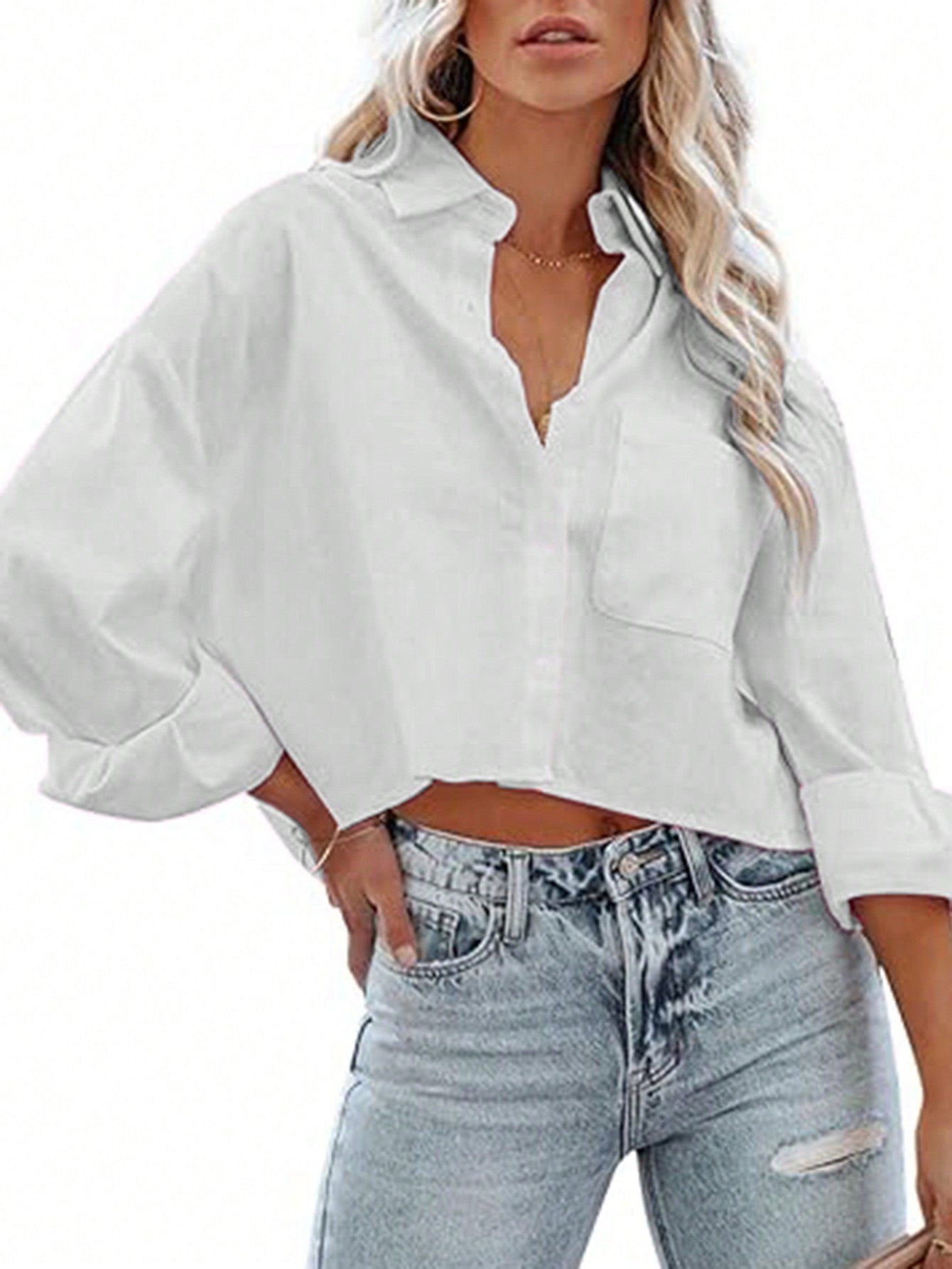 Women's Cropped Drop Shoulder Long Sleeve Blouse