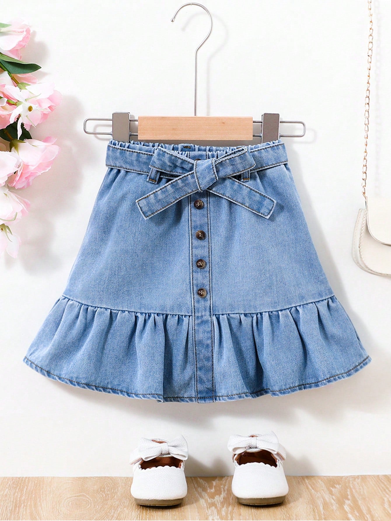 Baby Girls' Ruffle Hem Belted Button Front Cute Denim Skirt