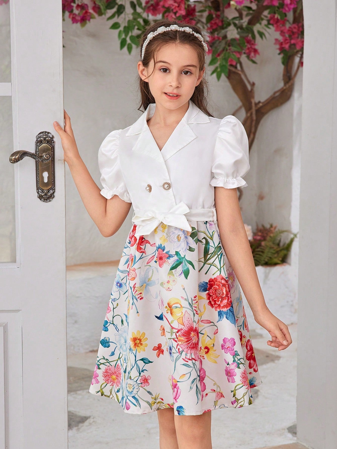 Tween Girl Floral Print Lapel Collar Puffer Sleeves Dress With Belt