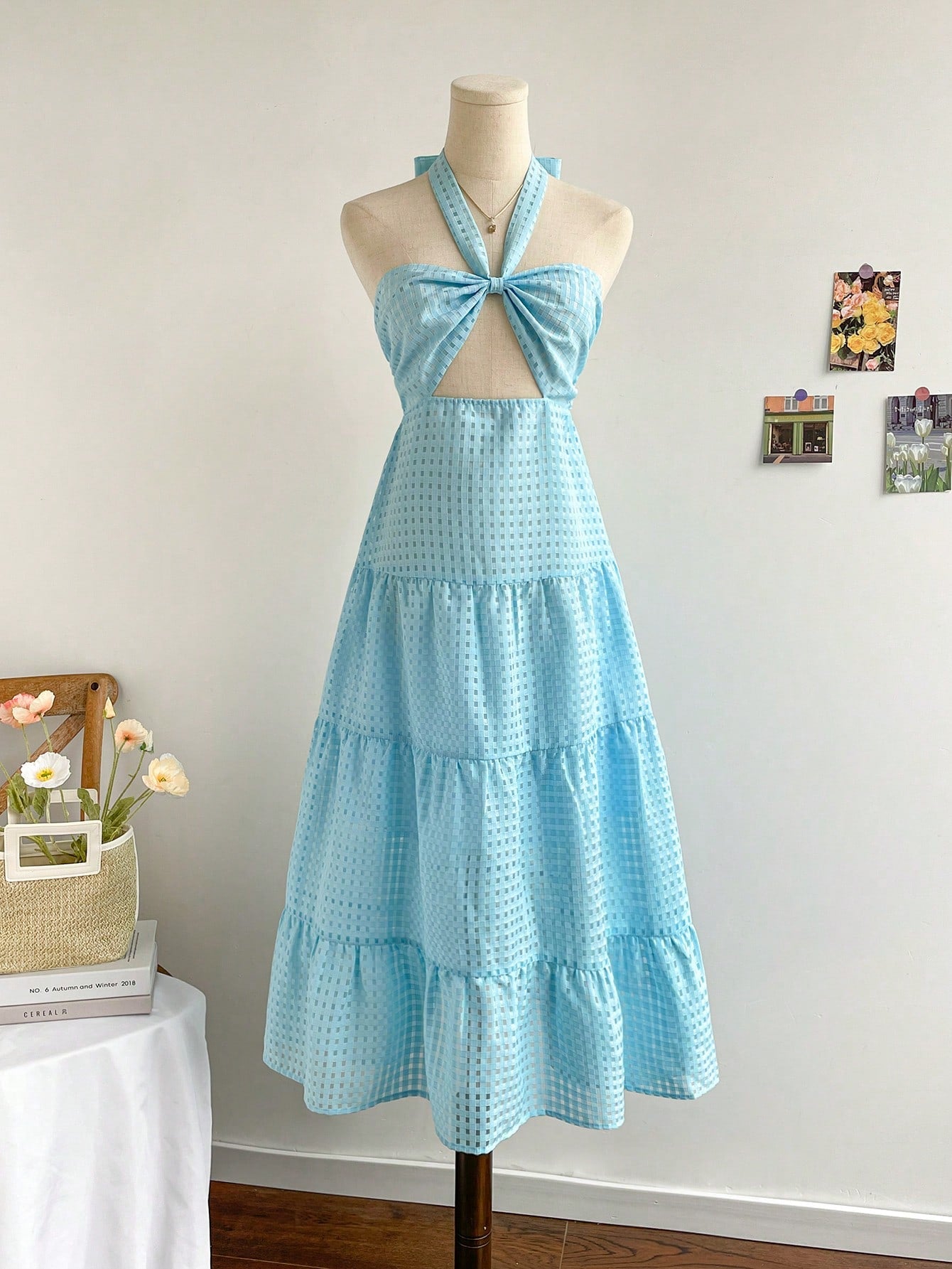 Blue Textured Checkered Pleated Halter Neck Hollow Out A-Line Casual Holiday Women's Dress