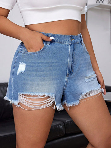 Plus Summer Casual Ripped Raw Hem Denim Shorts