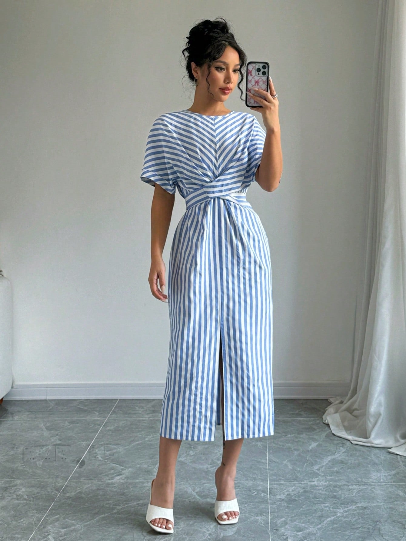 Long Sleeve Twisted Detail Stripe Shirt Dress Formal/Casual Dress