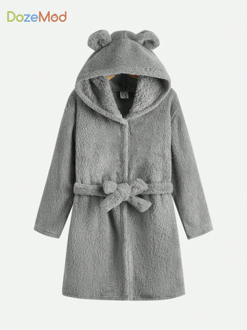 Boys 3D Ear Design Hooded Belted Fuzzy Lounge Robe