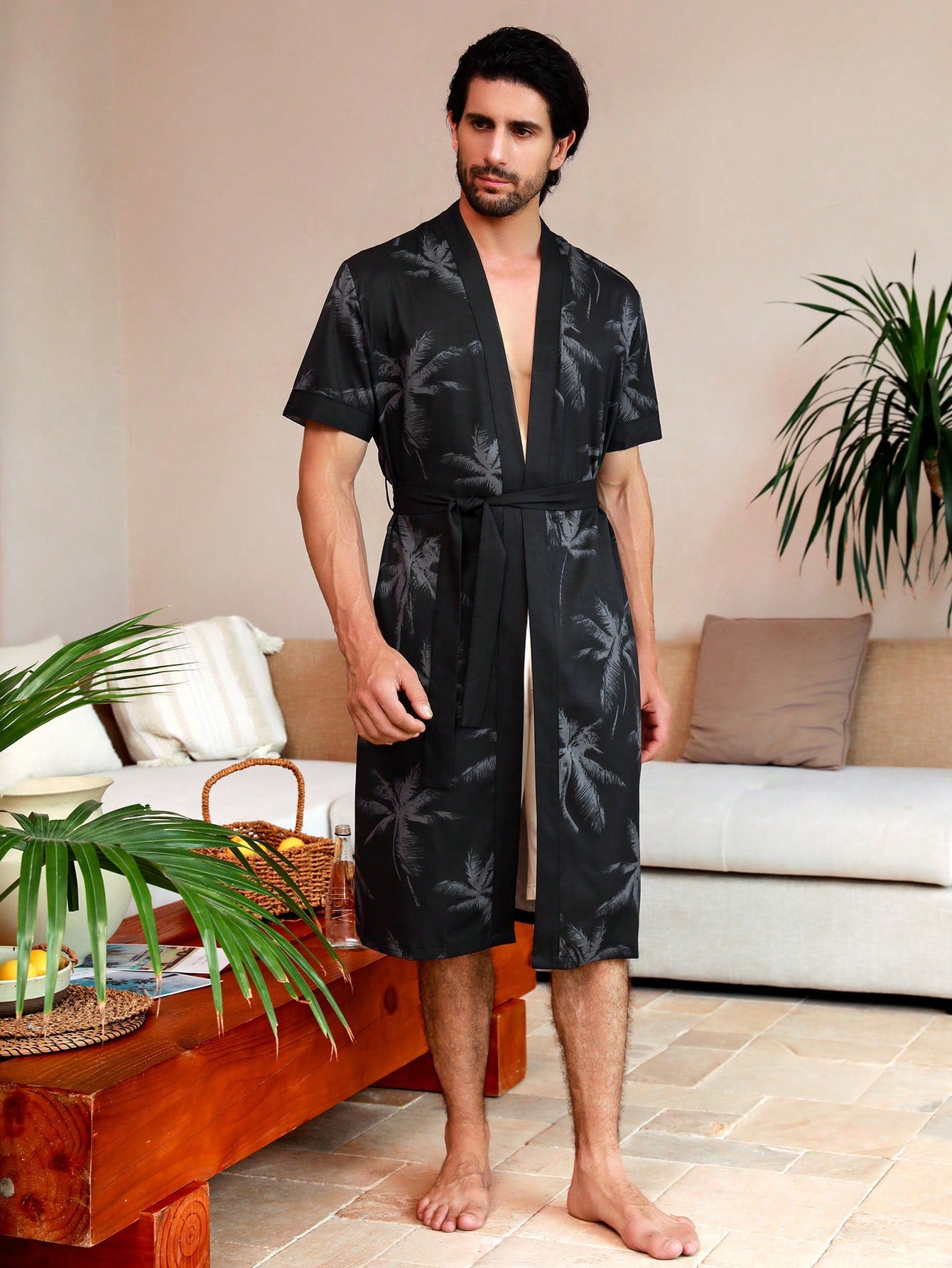 Men's Palm Tree Printed Short Sleeve Casual Long Robe/Robe Dress For Vacation