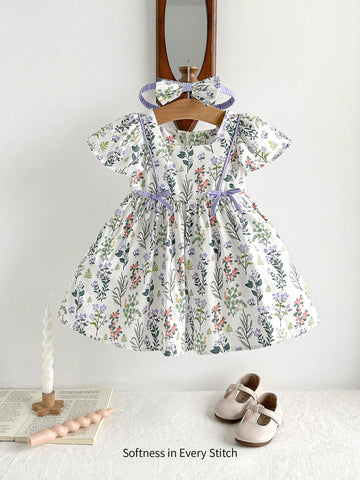 Baby Girl Casual Floral Pattern Color-Block Square Neck Ruffled Waist Dress With Headband Set