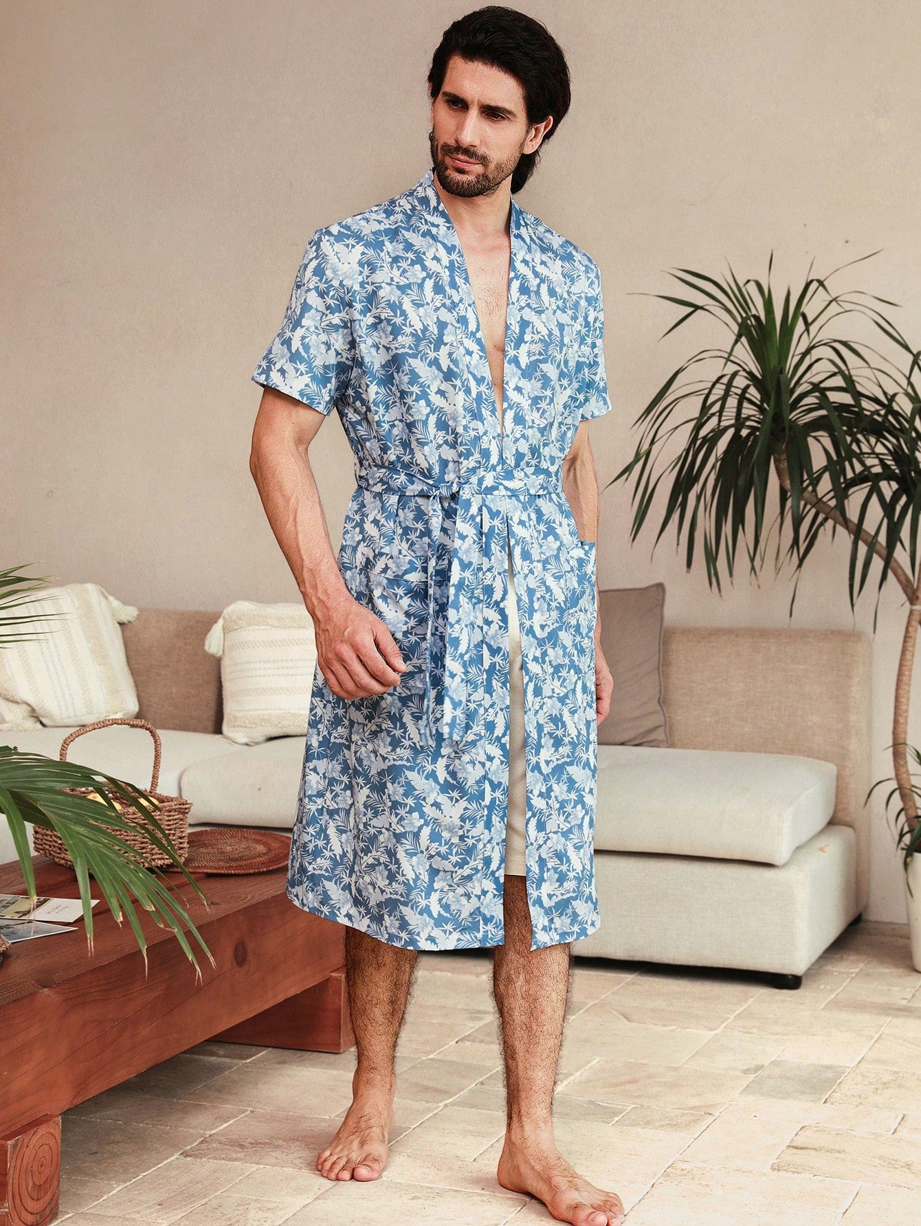 Men's Tropical Plant Printed Short Sleeve Long Home Pajamas, Vacation Style