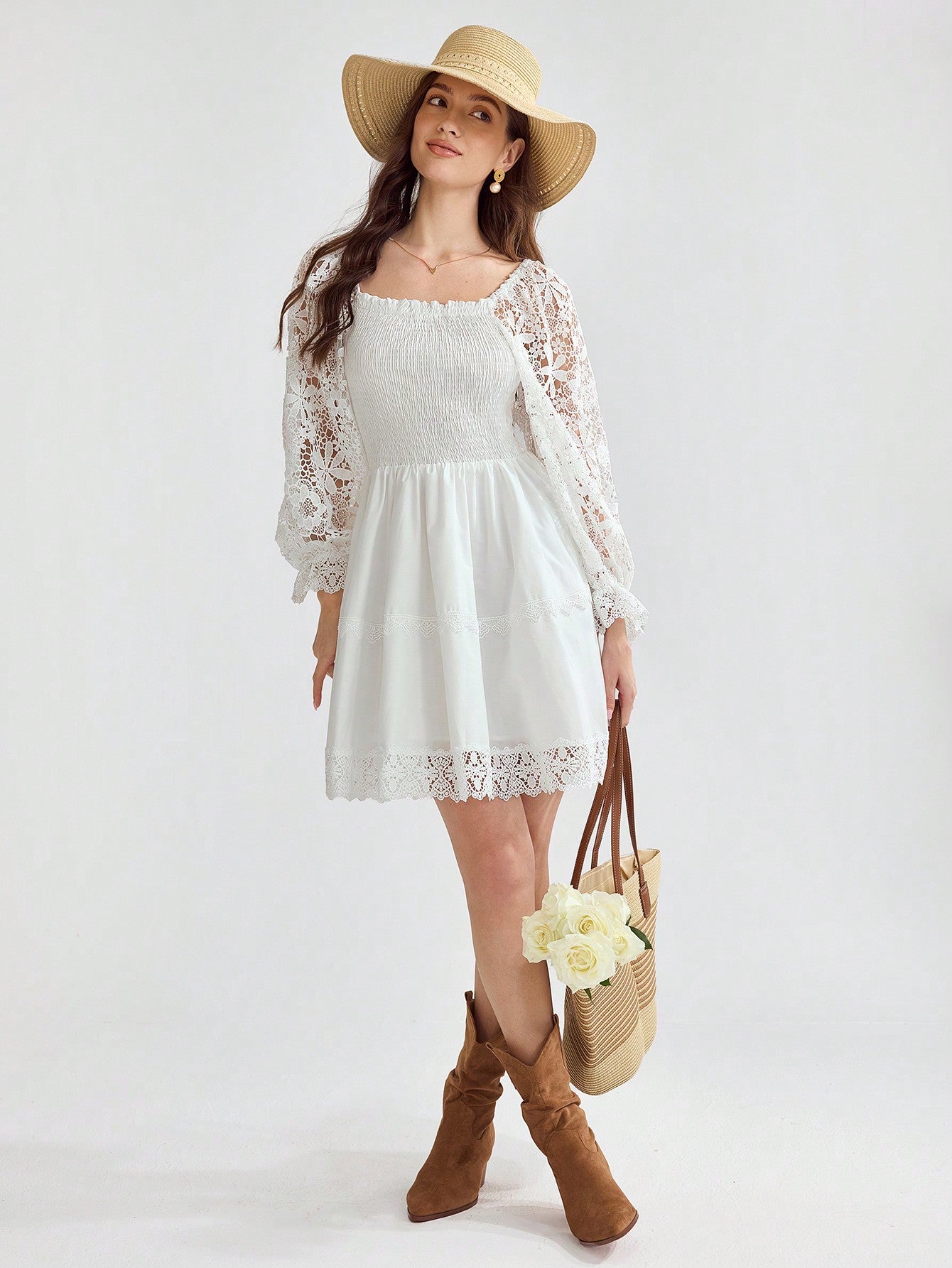 Women's White Cute Summer Holiday Solid Color Simple Daily Lace Decorated Embroidery Lace Romantic Dress