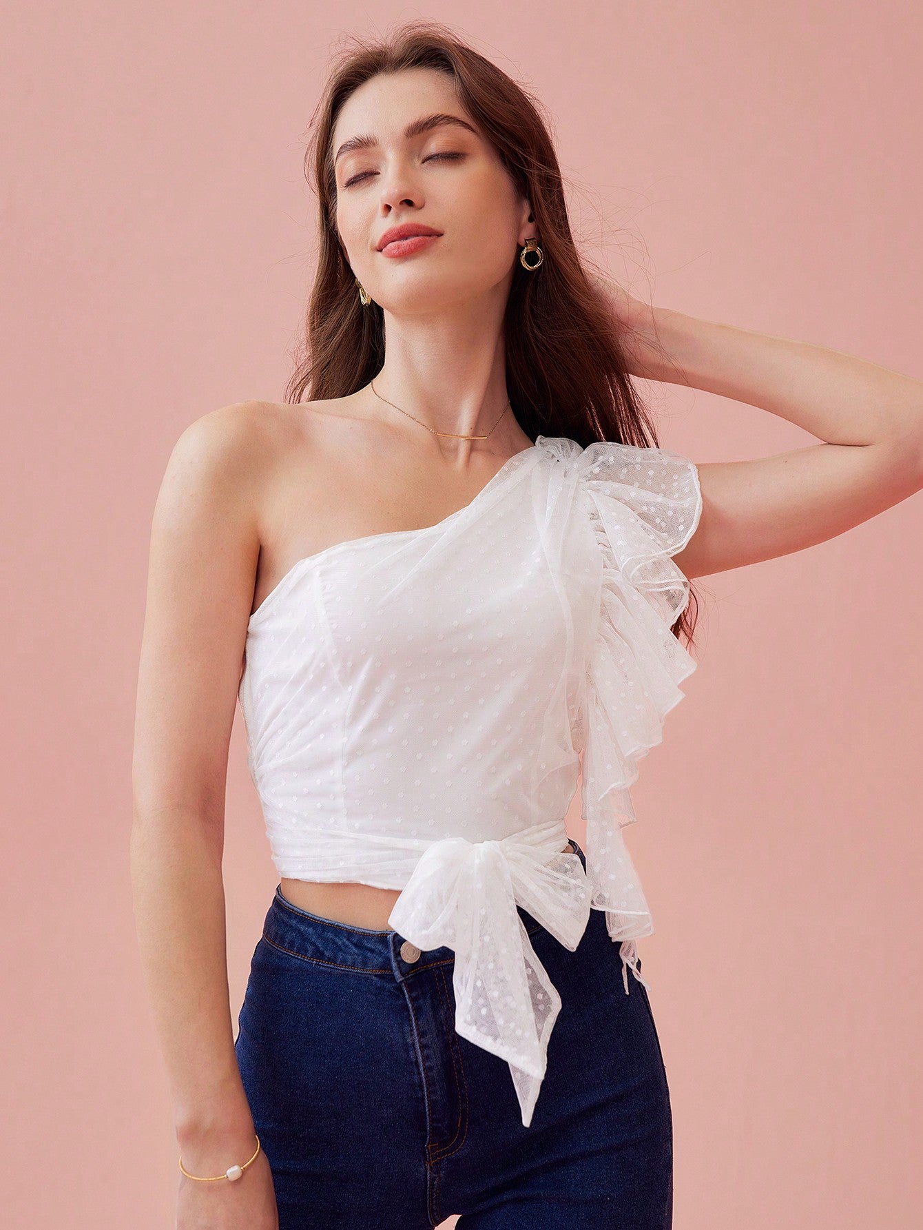 Women's Fashionable Solid Color One Shoulder Ruffled Top