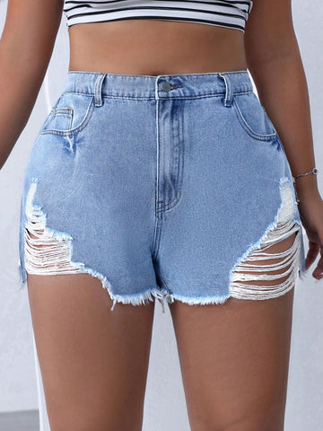 Plus Size Summer Casual Frayed Denim Shorts With Distressed Details