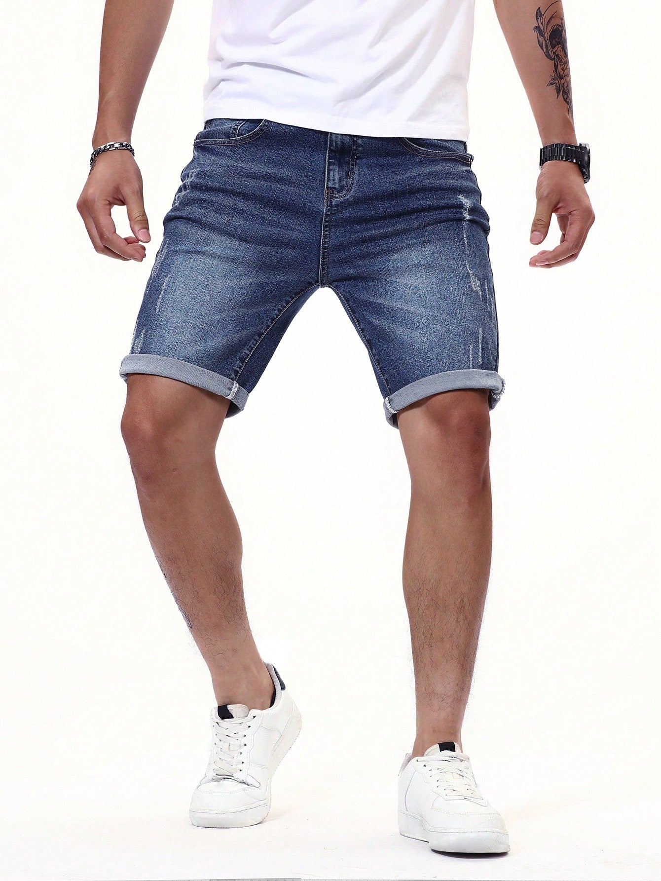 Men Ripped Roll Hem Denim Shorts Jorts Plain Navy Blue Vacation Vintage Friends