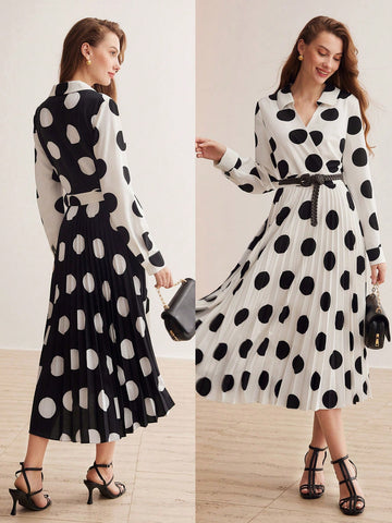 POLKA DOT COLORBLOCK PLEATED HEM DRESS