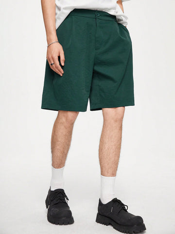 Men's Solid Color Wide-Leg Culottes With Pleated Front And Mid-Rise, Casual Shorts