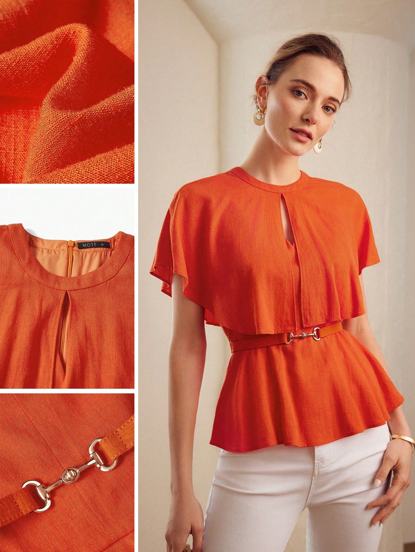 SOLID KEYHOLE NECK CAPE SLEEVE BLOUSE WITH BELT PEPLUM TOP