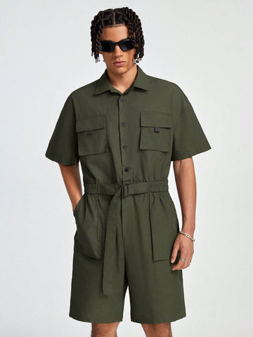 Men's Flip Pocket Casual Buckle Belted Romper