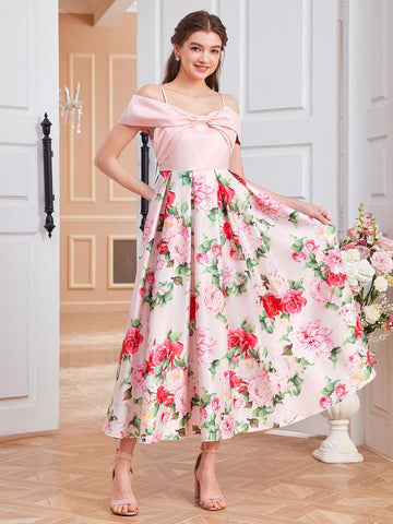 Teen Girl Contrast Floral Print Elegant Party Cold Shoulder Dress