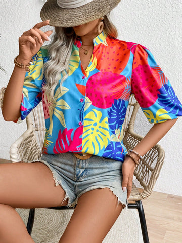 Women's Tropical Printed Vacation Casual Shirt With Split Neckline And Lantern Sleeves