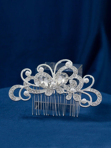 1pc Women Rhinestone & Faux Pearl Decor Glamorous Hair Comb For Party Royal Tiaras