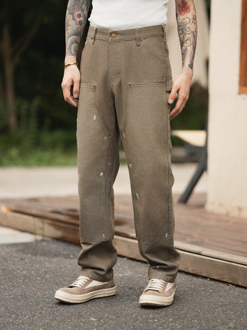 Men's Loose Retro American Style Irregular Military Green Denim Workwear Straight Leg Pants Cutter Pants