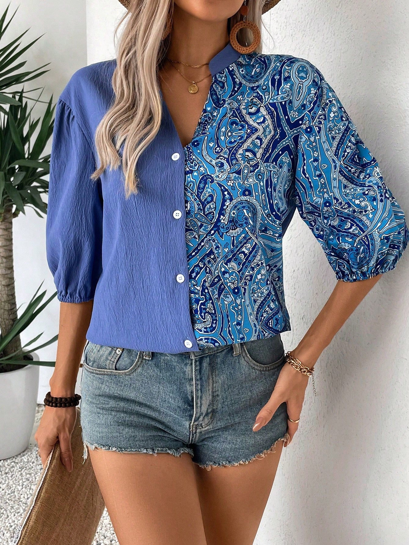 Blue Printed Splicing Casual Short Sleeve Shirt