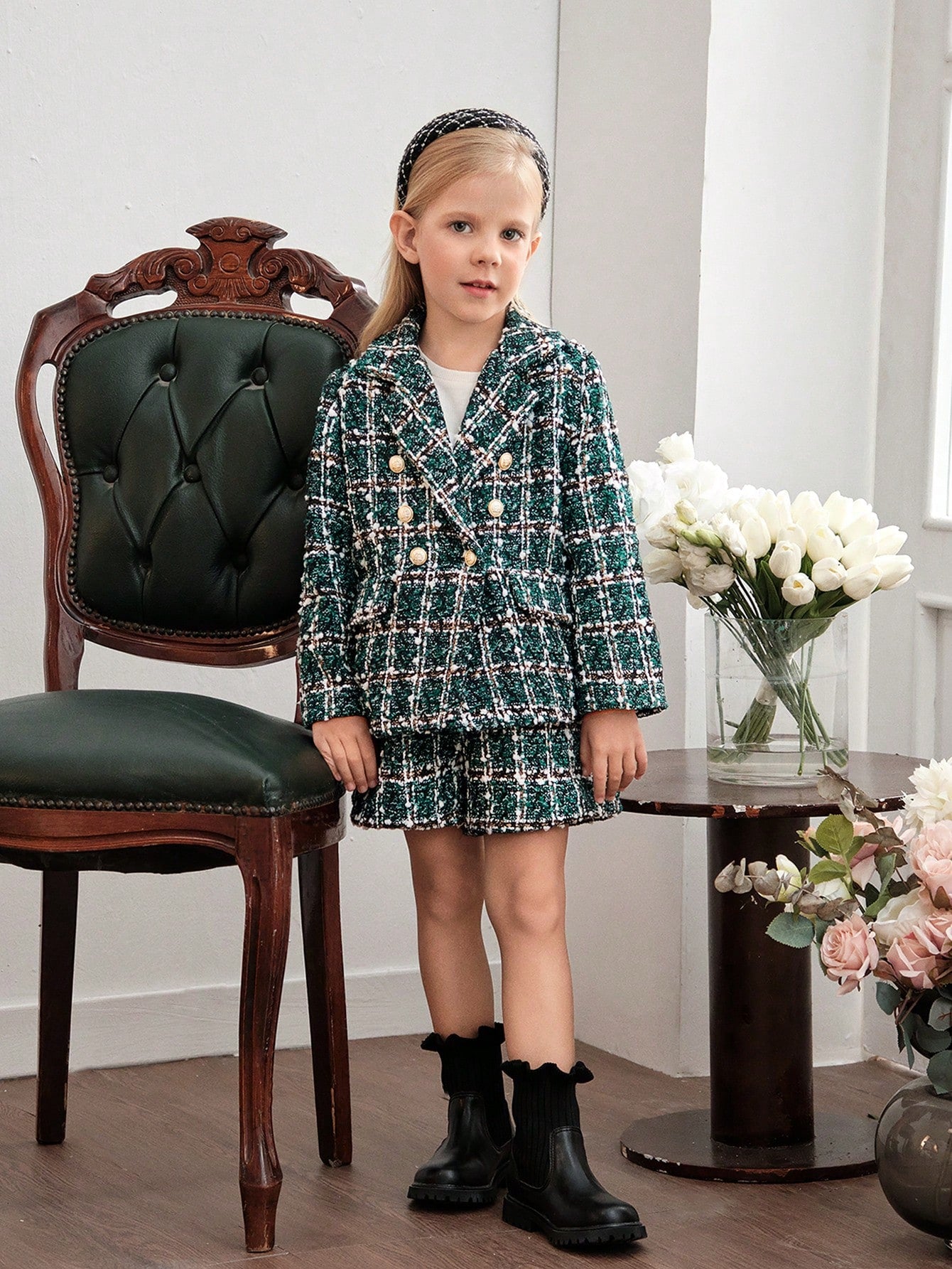 Young Girl Double Breasted Tweed Jacket & Shorts