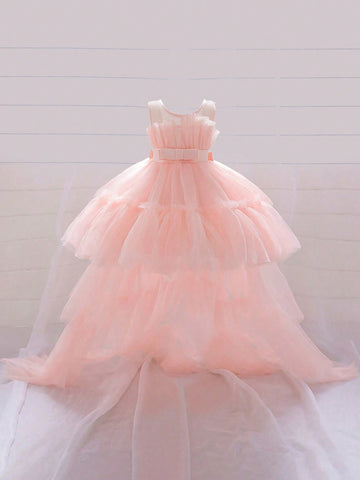 Baby Girls' Elegant Solid Color Tiered Tulle Dress With Detachable Train, Perfect For Attending Banquet And Party