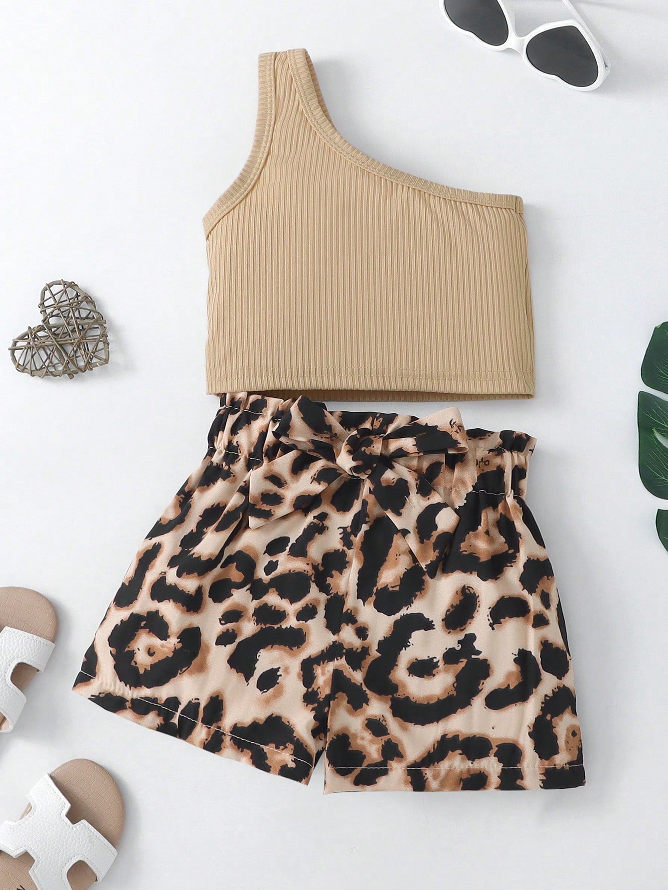 Young Girl One Shoulder Top & Leopard Print Belted Shorts