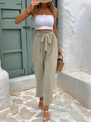 Ladies' Textured Linen High Waist Tie Belt Flared Pants With Ruffle Hem