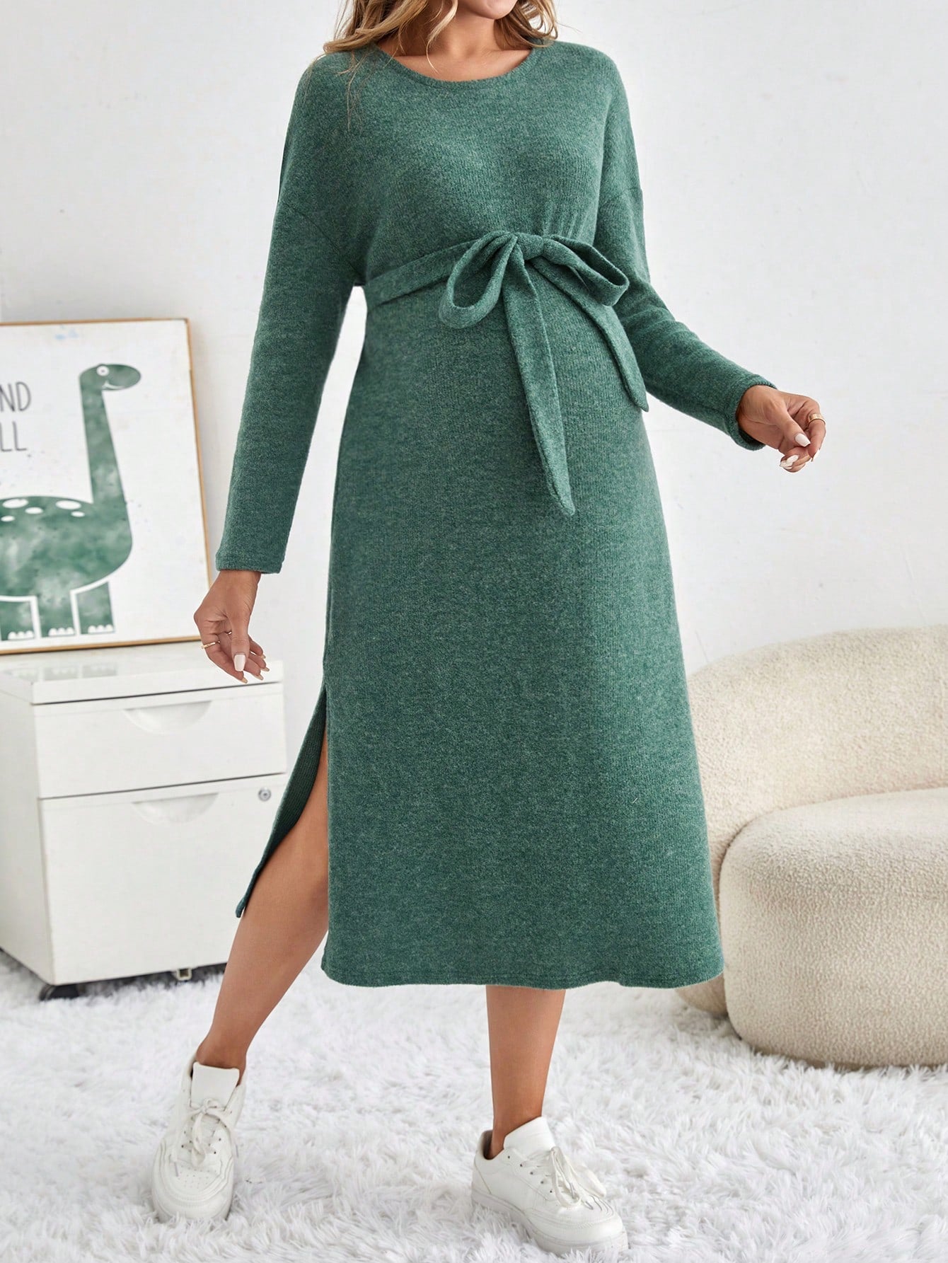 Maternity Batwing Sleeve Round Neck Dress