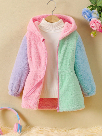 Girls Casual All-Match All-Match Cute & Sweet Colorblock (Purple + Blue + Pink + Green) Candy Color Thickened Warm Fluffy Jacket, Suitable For Autumn, Winter, Daily, School, Outdoor, Keeping Warm, Countryside Picnics, Family Gatherings