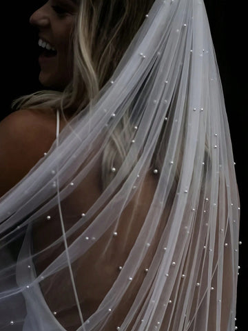 1pc Bridal Veil With Beaded Edge For Wedding Party, Simple Style For Civil Marriage Registration & Photography Prop Accessory