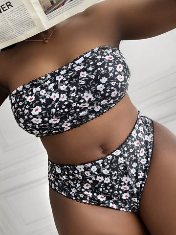 Summer Beach Plus Floral Print Circle Lace Trim Bandeau Bikini Swimsuit