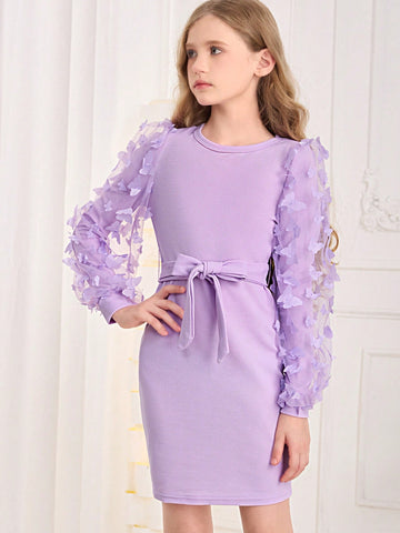 Tween Girl Contrast Mesh Butterfly Appliqued Dress