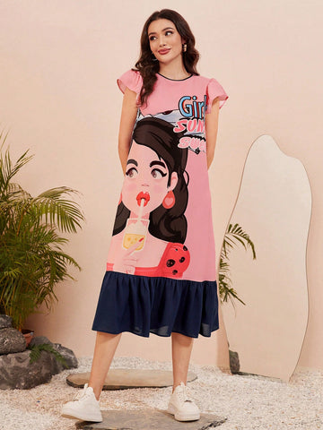 Figure & Letter Graphic Butterfly Sleeve Ruffle Hem Dress