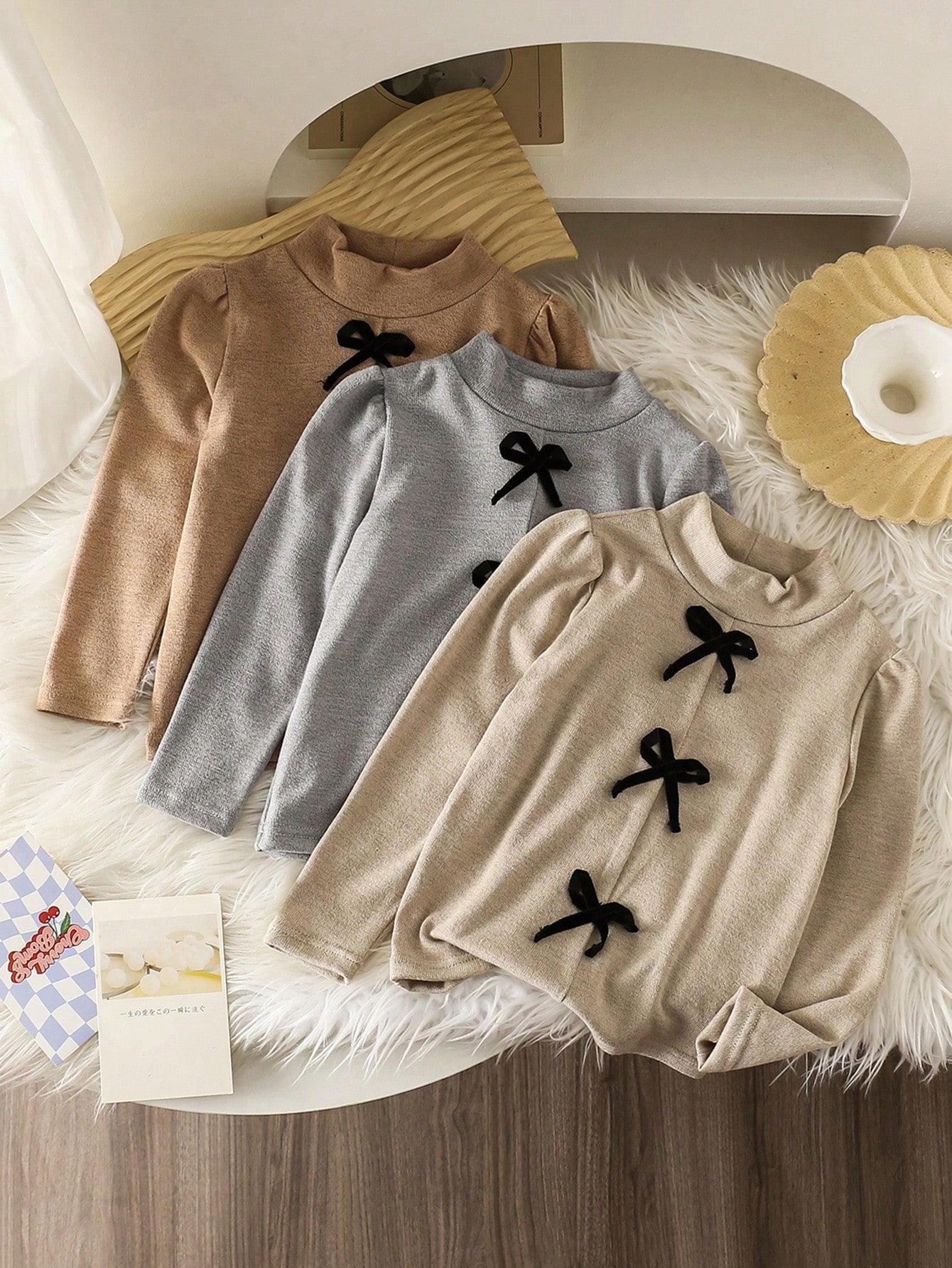 3pcs Young Girls Elegant Bowknot Gigot Sleeve Fitted Blouse Set In Khaki, Brown, Grey - Suitable For Autumn, Winter, School, Party, Dinner, Family Gathering