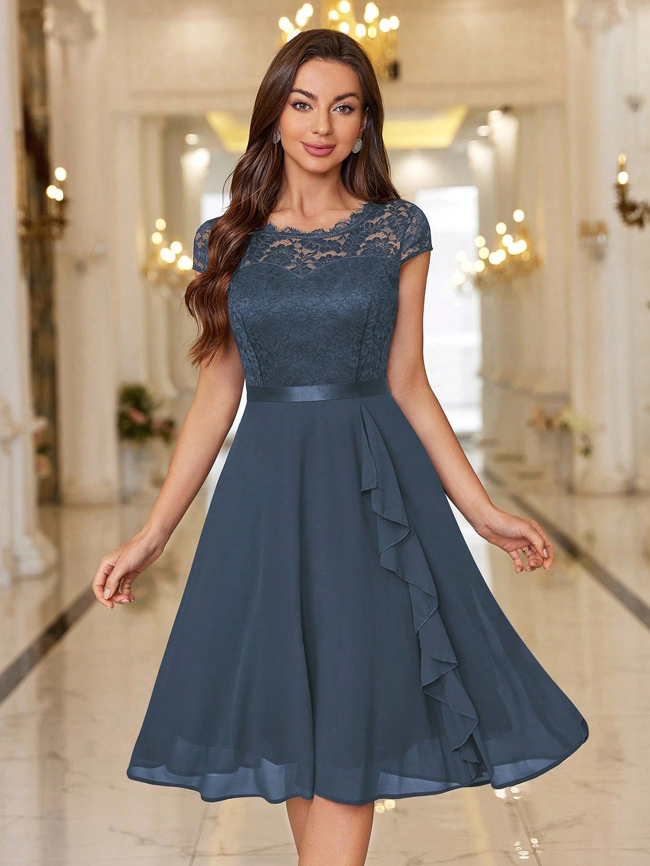 MIUSOL Floral Lace Bodice Ruffle Trim Cocktail Party Swing Dress