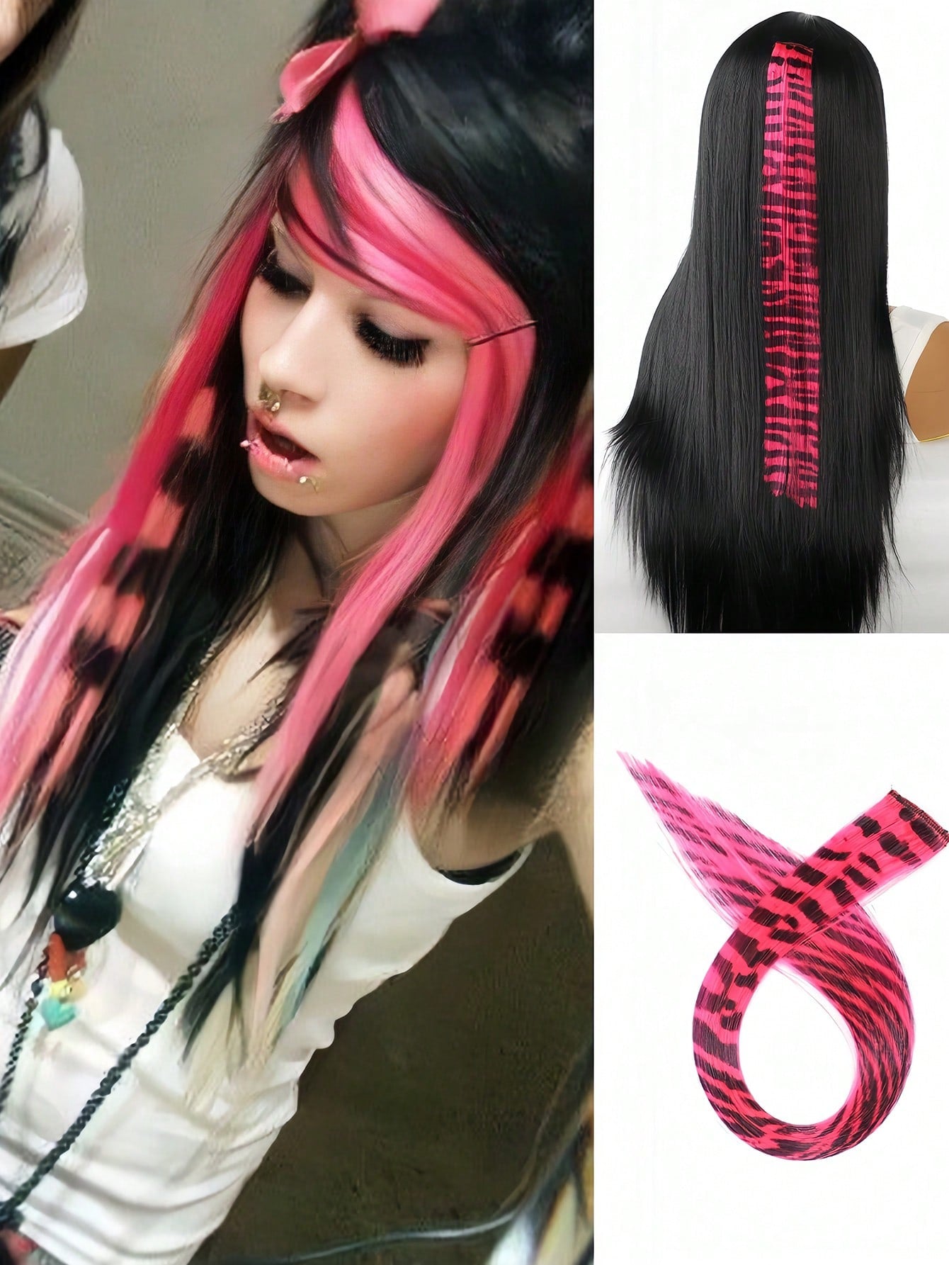 Rose red Colorful hair extensions Party highlight BB clip-in hair extensions Leopard print hair extensions synthetic hair piece straight hair 18 inches Suitable for DIY women Electronic girl