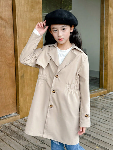 Girl (Big Size) Khaki Front Button Collar With Hood And Belt Casual Windbreaker