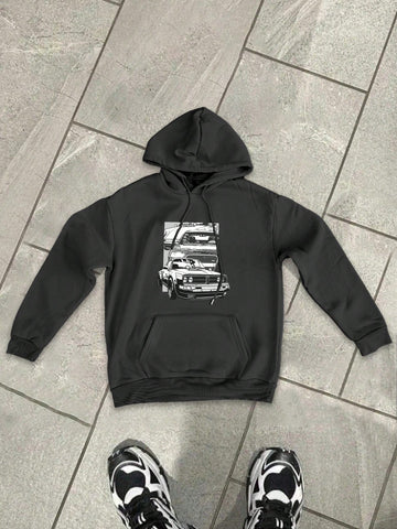 Loose Fit Men's Car Print Pullover Hoodie With Drawstring