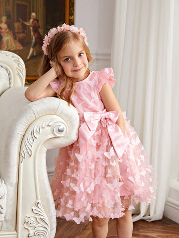 Young Girl Mesh Applique Round Neck Flying Sleeve Dress With Bow Decor