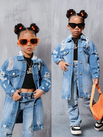 Y2K Trendy Streetwear Vintage Ripped Distressed Long Denim Jacket For Young Girls, Essential Casual Chic Fashion Item For Spring, Autumn, And Winter