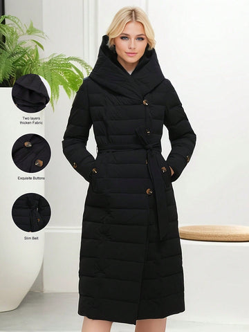 Slant Pockets Single Breasted Hooded Belted Longline Puffer Coat