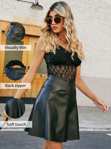 High Waist PU Leather Flare Skirt