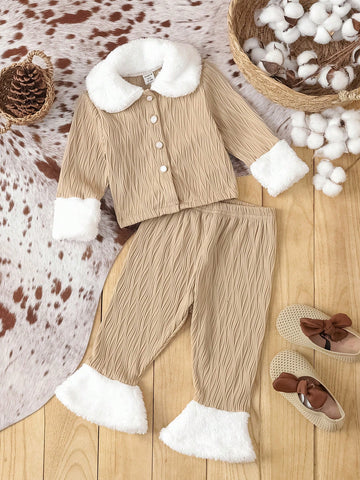 Baby Girl Contrast Fuzzy Trim Button Up Jacket & Flare Leg Pants