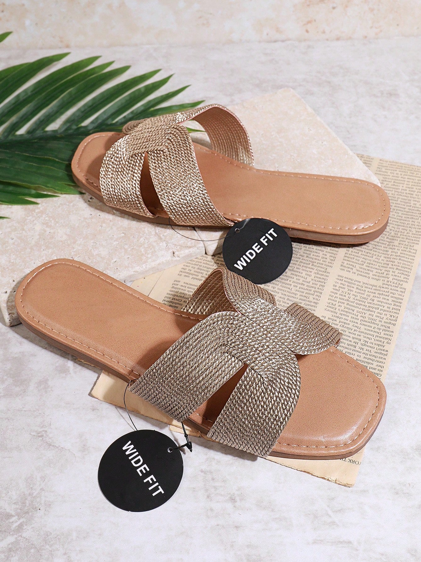 Metallic Woven Dual Cut Out Flat Slide Sandals