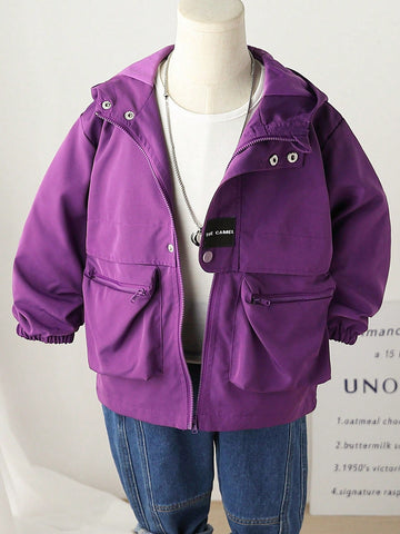 Kids Boys' Casual Utility Jacket With Pockets, Purple Color Zip Up Outerwear With Windproof Lining, Suitable For Autumn, Winter, School, Street, Sports, Wind & Rain Protection