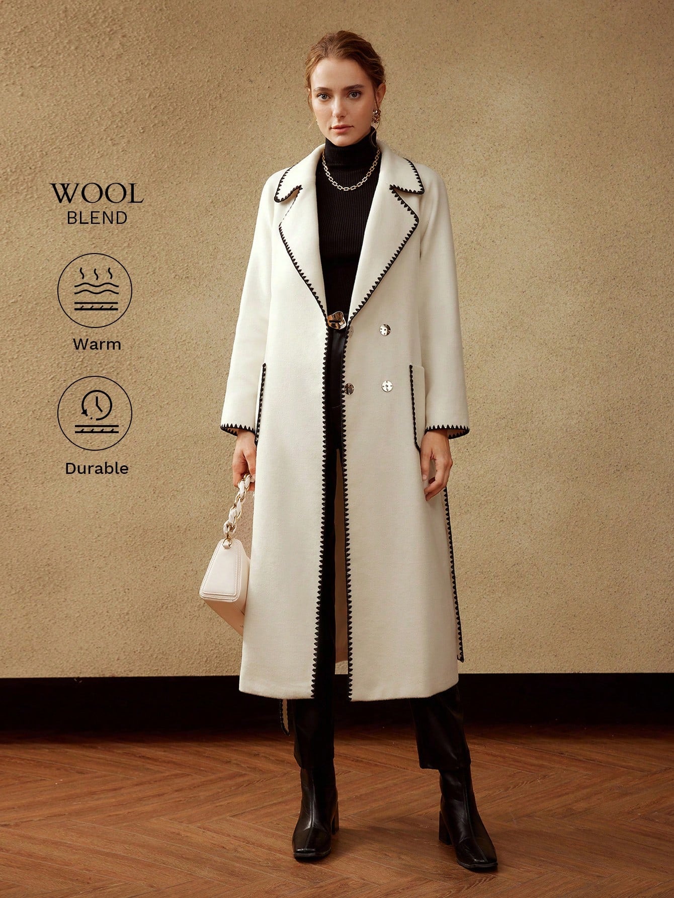 BELTED WOOL-BLEND CONTRAST STITCH COAT