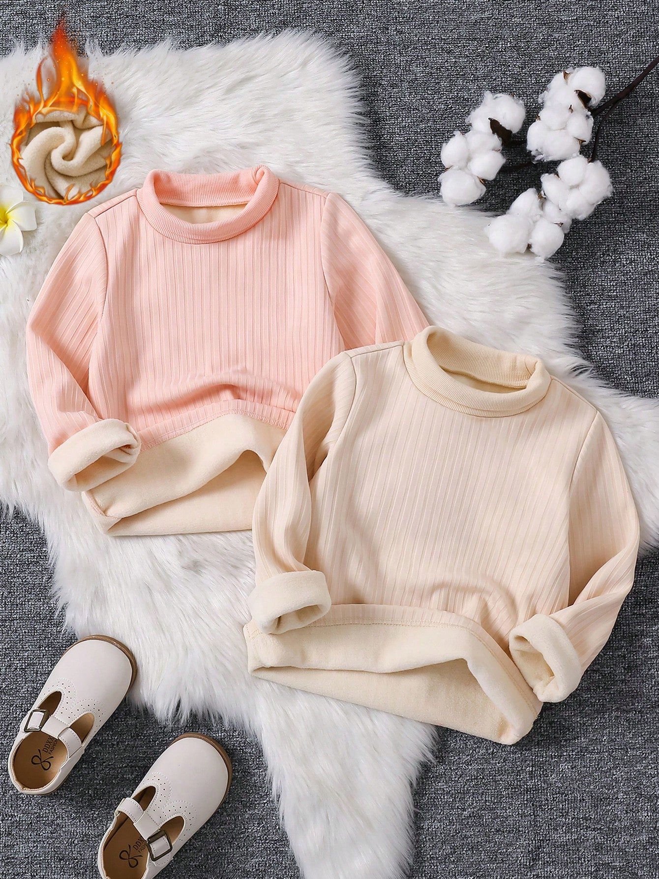 2pcs Young Girl Girls All-Match Solid Color Stand Collar Tee Set, Plush Lined Thermal Fleece Fabric, Suitable For Autumn/Winter Layering And Daily Casual Wear, Pink And Apricot