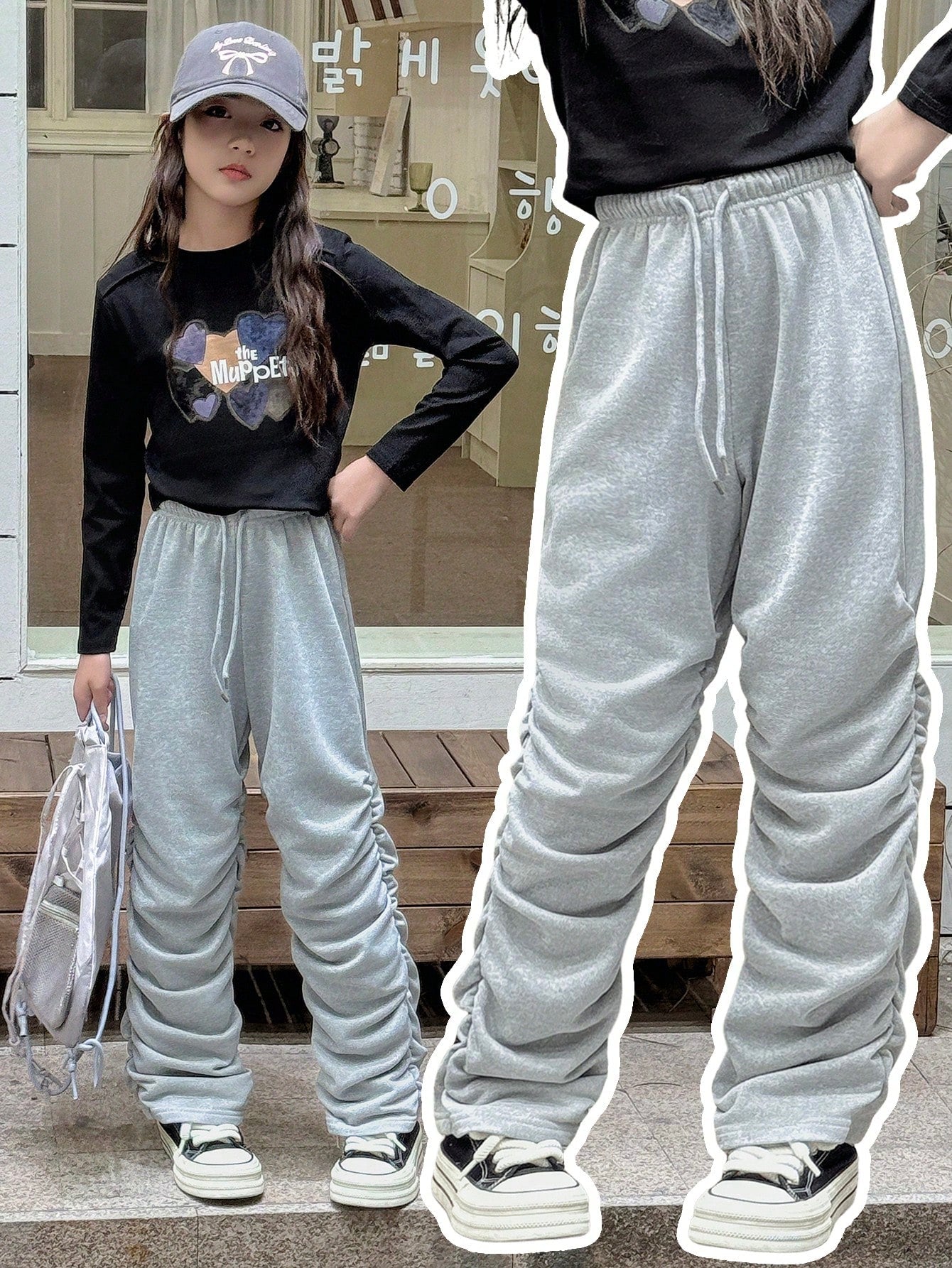 Plus Size Girls Gray Pleated Waist Drawstring Sweatpants, For Autumn/Winter