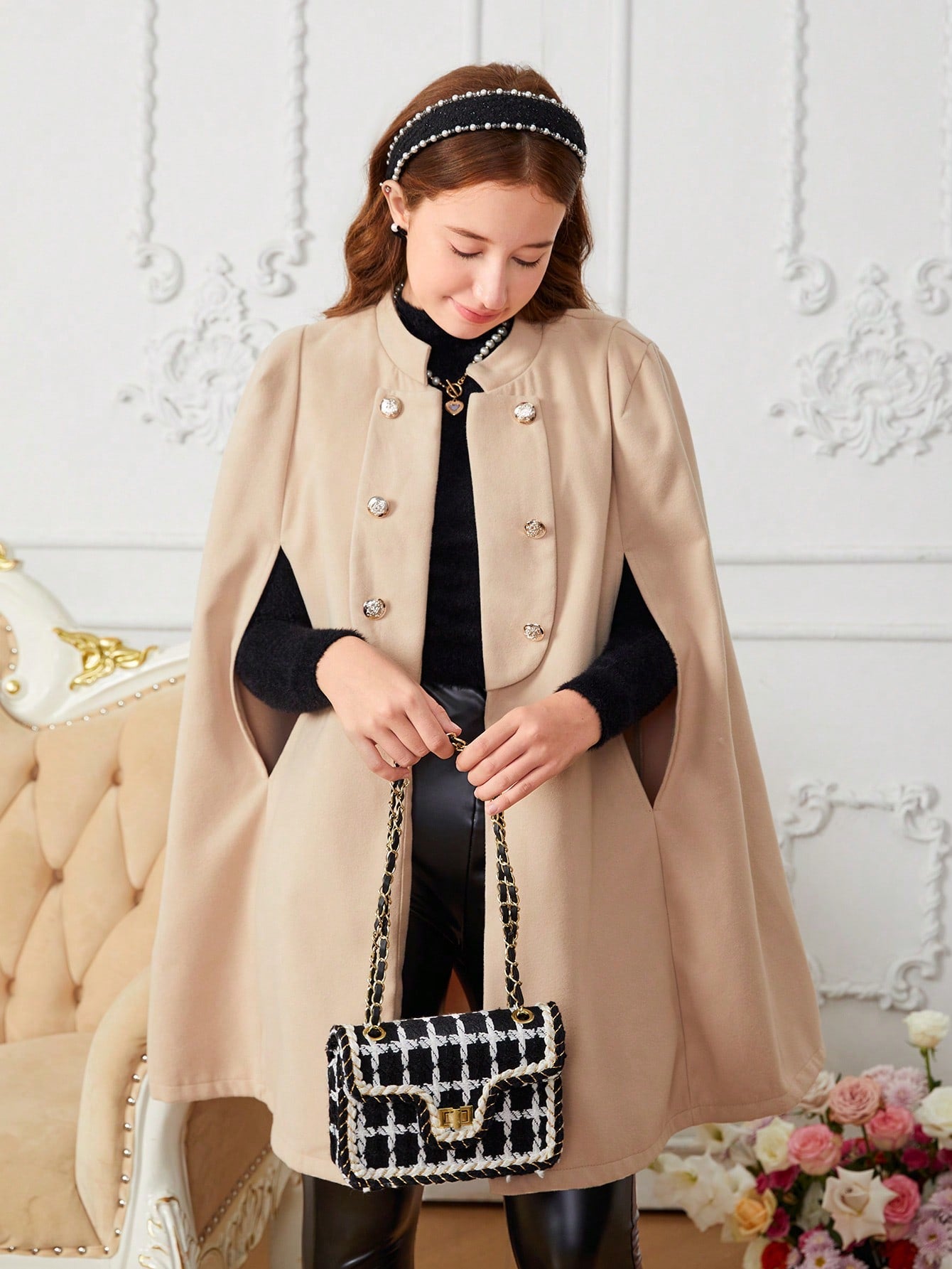 1pc Elegant Teenage Girls (Female) Cloak Sleeve Double-Breasted Cape Woolen Coat