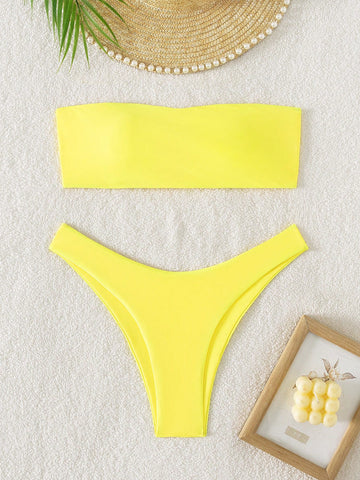 Summer Beach Solid Bikini Set Bandeau Bra & High-Leg Cut Bottom 2 Piece Swimsuit